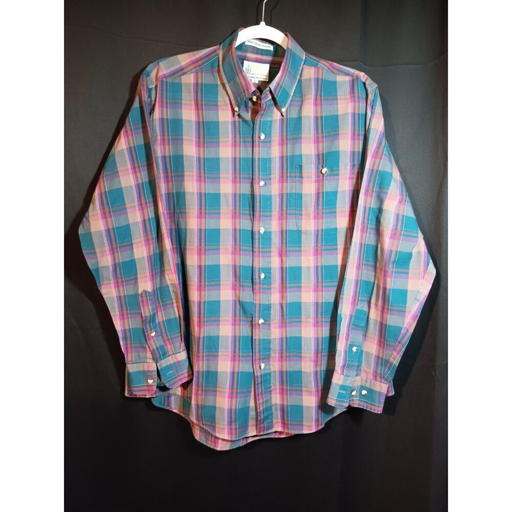 London Fog Shirt Mens Large Teal Pink Plaid Single Needle Tailoring Button Down